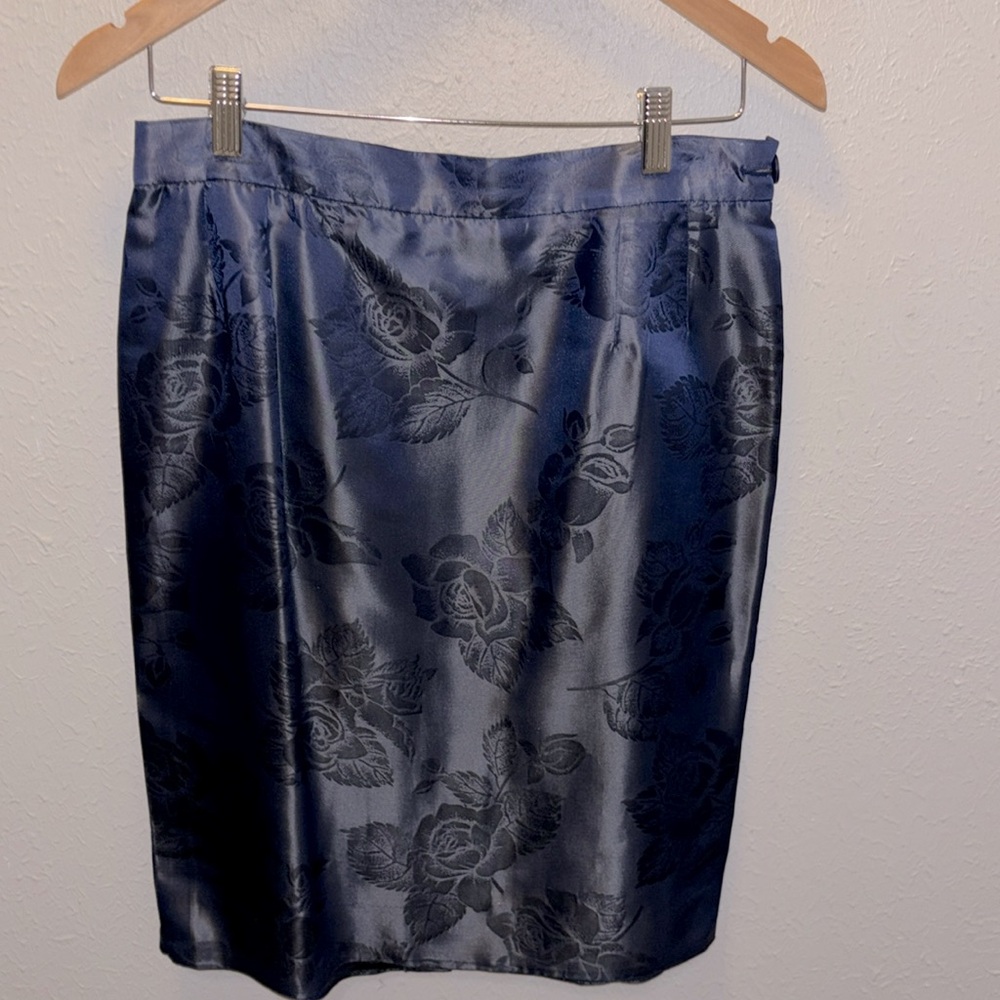 DESIGNER Vintage Yves Saint Laurent Suit Jacket Skirt Blue Brocade Women’s 12 - Picture 7 of 10